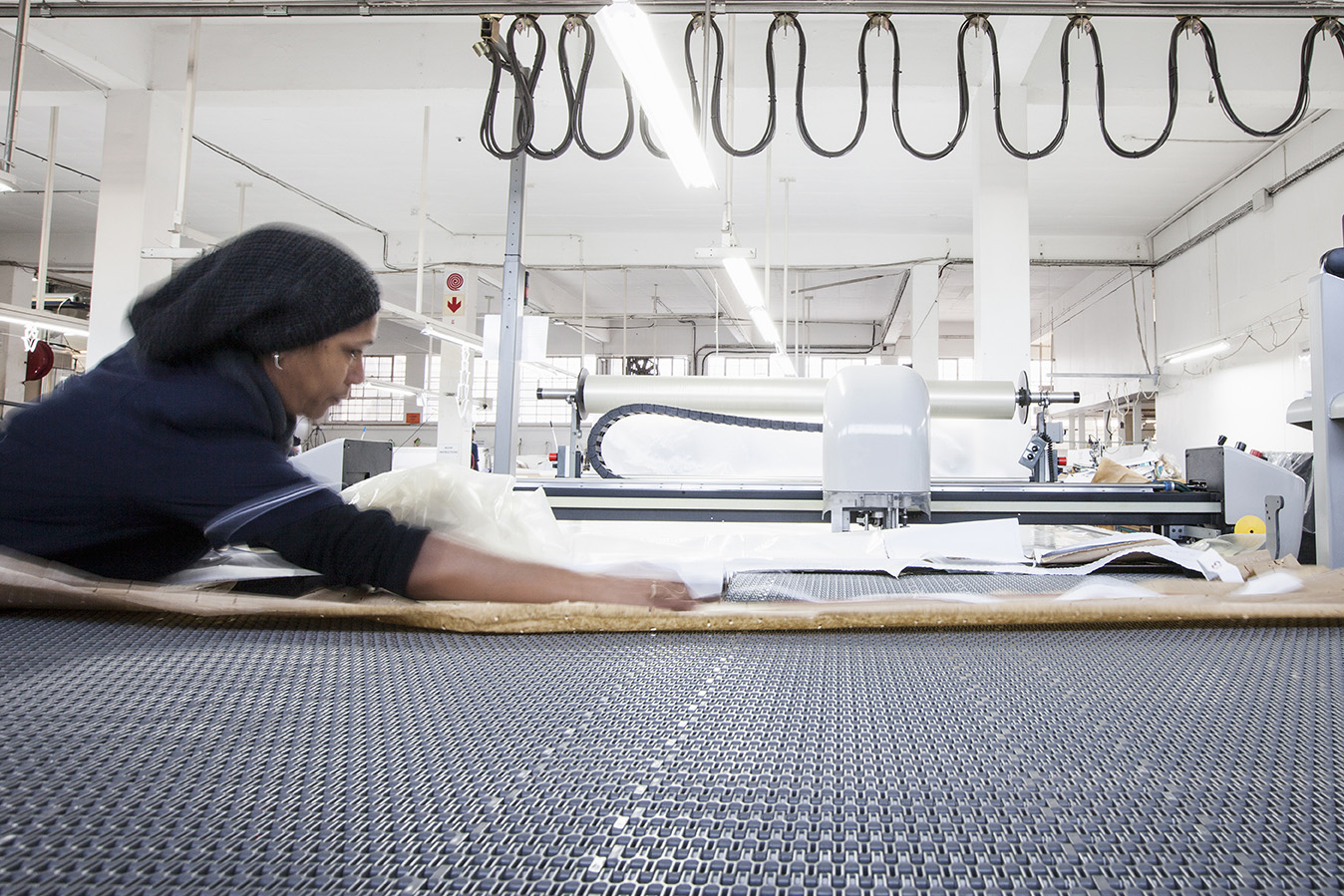 Textile being prepared for mattress production